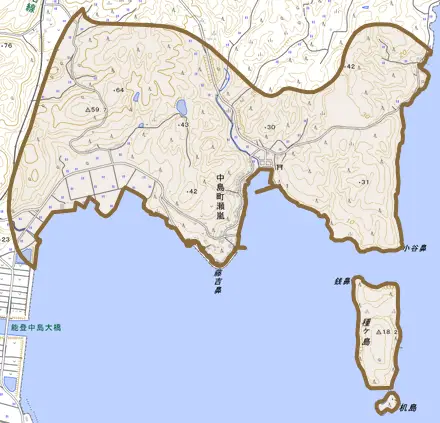 中島町瀬嵐とその周辺の地図。町の範囲を重ねている