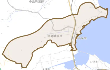 中島町塩津とその周辺の地図。町の範囲を重ねている