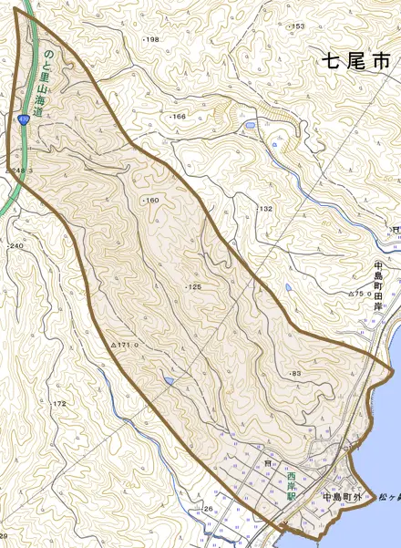 中島町外とその周辺の地図。町の範囲を重ねている