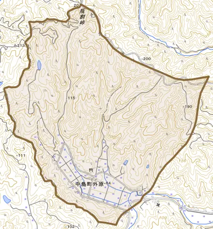 中島町外原とその周辺の地図。町の範囲を重ねている
