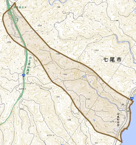 中島町田岸とその周辺の地図。町の範囲を重ねている