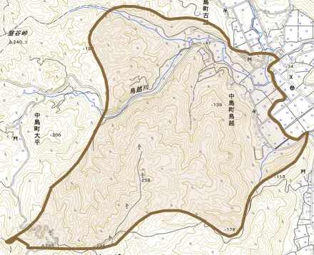 中島町鳥越とその周辺の地図。町の範囲を重ねている