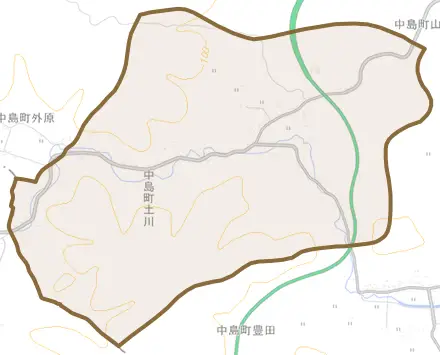 中島町土川とその周辺の地図。町の範囲を重ねている
