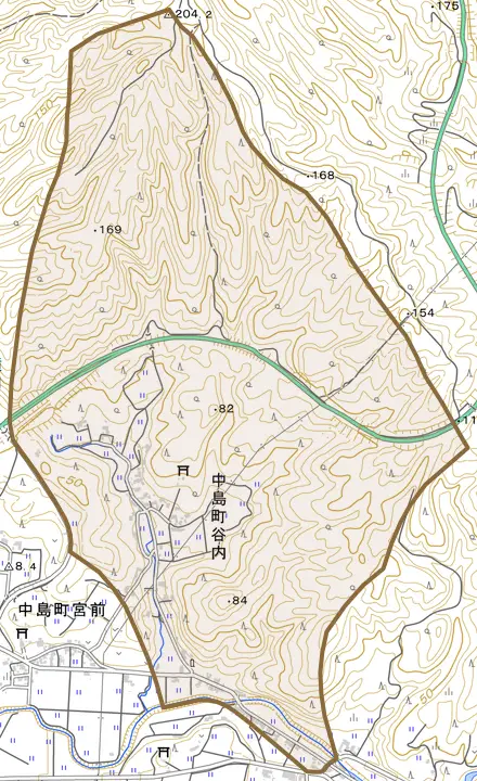 中島町谷内とその周辺の地図。町の範囲を重ねている