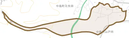 中島町山戸田とその周辺の地図。町の範囲を重ねている
