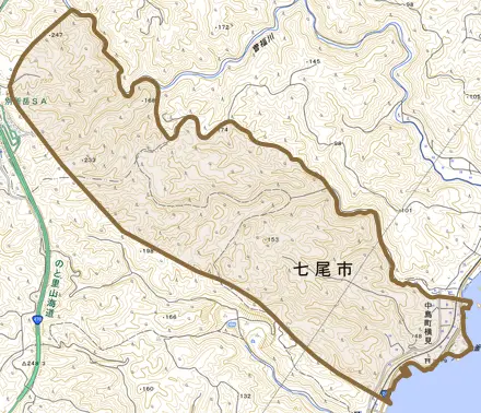 中島町横見とその周辺の地図。町の範囲を重ねている