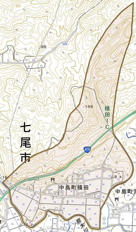 中島町横田とその周辺の地図。町の範囲を重ねている