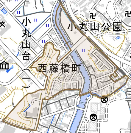 西藤橋町とその周辺の地図。町の範囲を重ねている