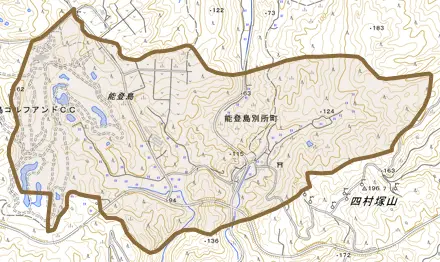 能登島別所町とその周辺の地図。町の範囲を重ねている