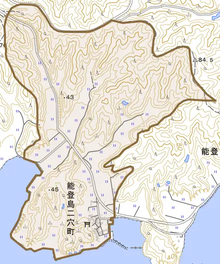 能登島二穴町とその周辺の地図。町の範囲を重ねている