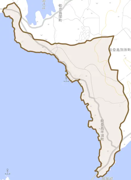 能登島半浦町とその周辺の地図。町の範囲を重ねている