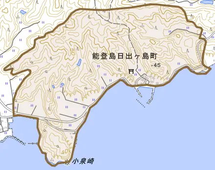 能登島日出ケ島町とその周辺の地図。町の範囲を重ねている