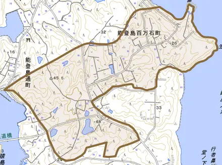 能登島百万石町とその周辺の地図。町の範囲を重ねている