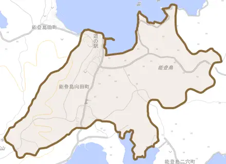 能登島向田町とその周辺の地図。町の範囲を重ねている
