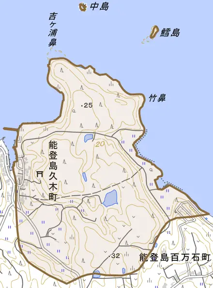 能登島久木町とその周辺の地図。町の範囲を重ねている