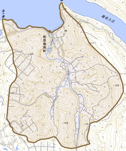 能登島南町とその周辺の地図。町の範囲を重ねている