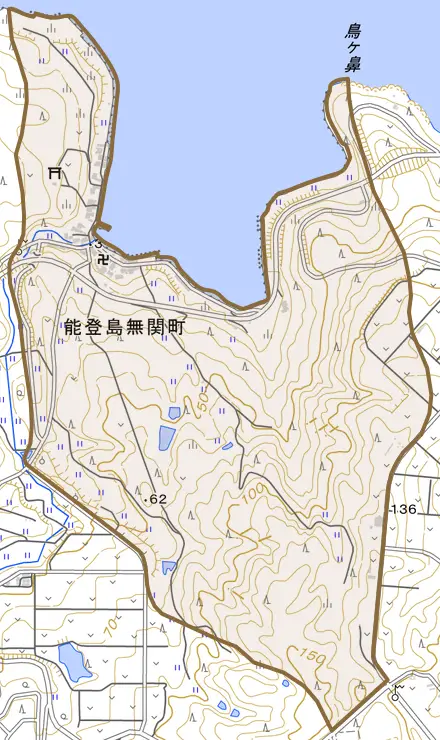 能登島無関町とその周辺の地図。町の範囲を重ねている