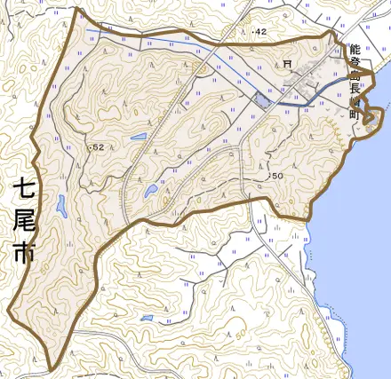 能登島長崎町とその周辺の地図。町の範囲を重ねている