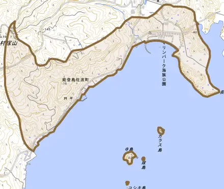 能登島佐波町とその周辺の地図。町の範囲を重ねている
