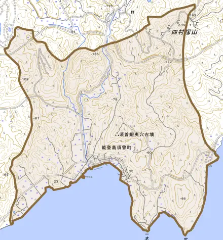 能登島須曽町とその周辺の地図。町の範囲を重ねている
