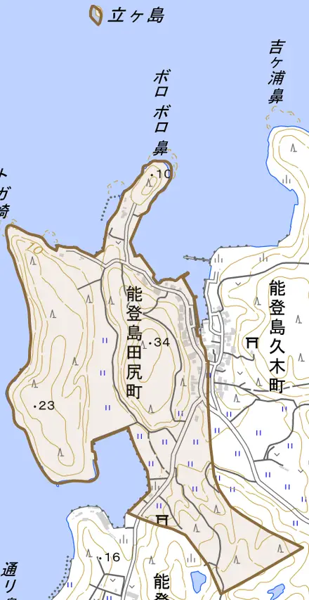 能登島田尻町とその周辺の地図。町の範囲を重ねている