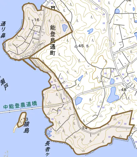 能登島通町とその周辺の地図。町の範囲を重ねている