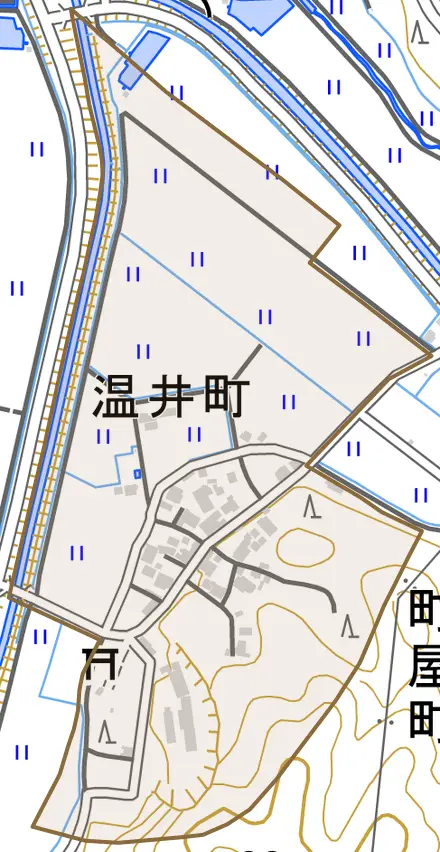 温井町とその周辺の地図。町の範囲を重ねている