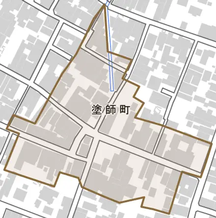 塗師町とその周辺の地図。町の範囲を重ねている