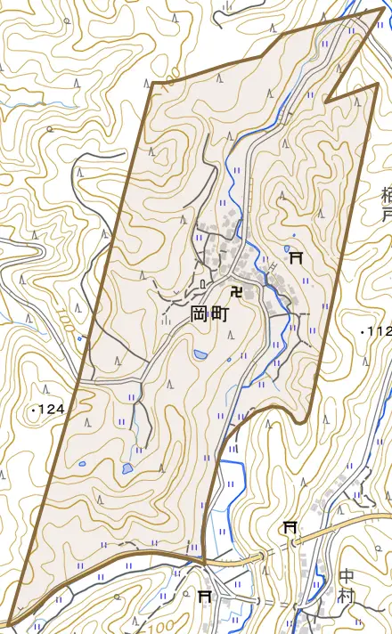岡町とその周辺の地図。町の範囲を重ねている