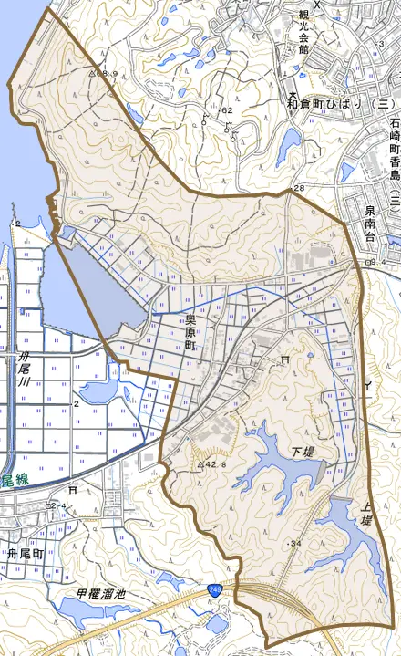 奥原町とその周辺の地図。町の範囲を重ねている