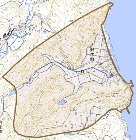 大野木町とその周辺の地図。町の範囲を重ねている