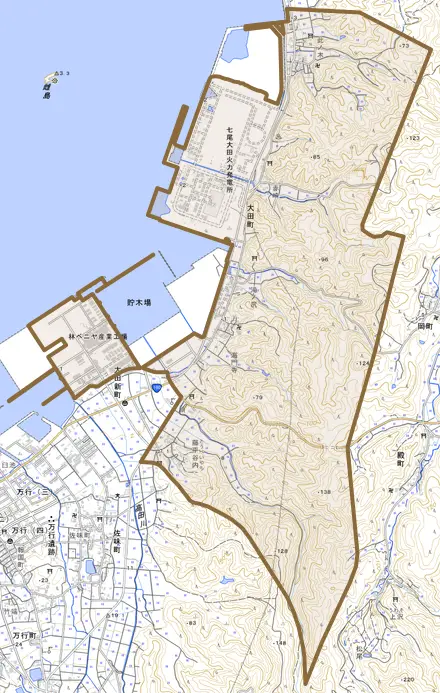 大田町とその周辺の地図。町の範囲を重ねている
