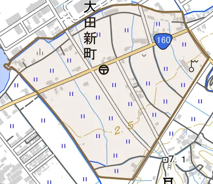 大田新町とその周辺の地図。町の範囲を重ねている