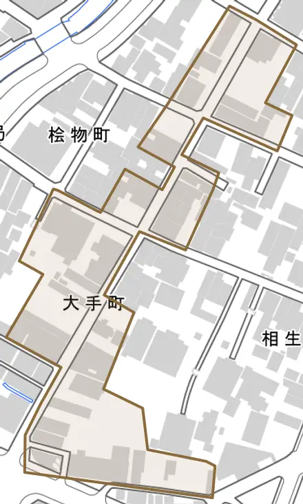 大手町とその周辺の地図。町の範囲を重ねている