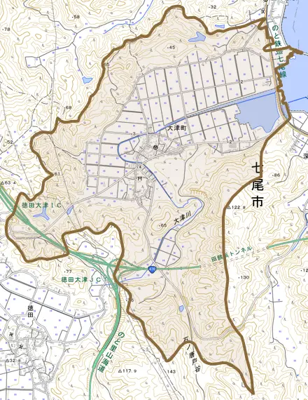 大津町とその周辺の地図。町の範囲を重ねている