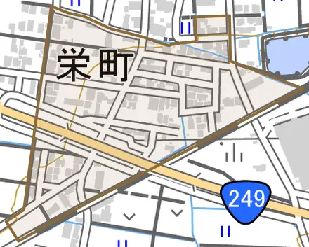 栄町とその周辺の地図。町の範囲を重ねている