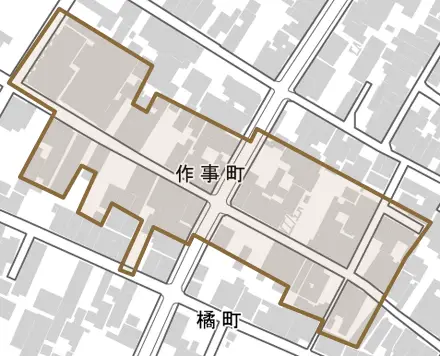 作事町とその周辺の地図。町の範囲を重ねている