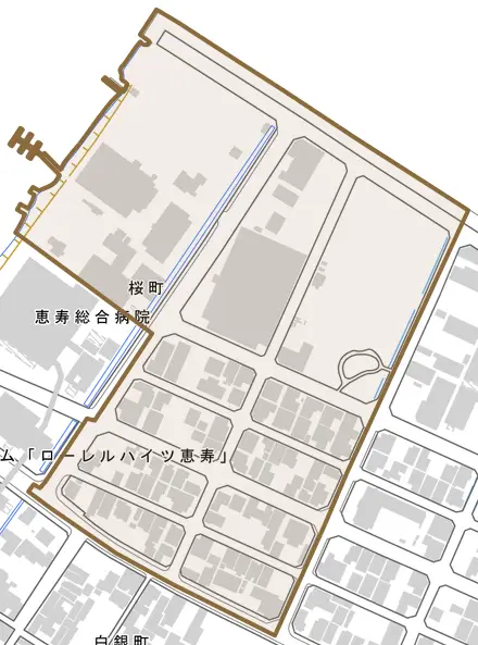 桜町とその周辺の地図。町の範囲を重ねている