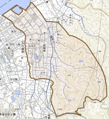 佐味町とその周辺の地図。町の範囲を重ねている