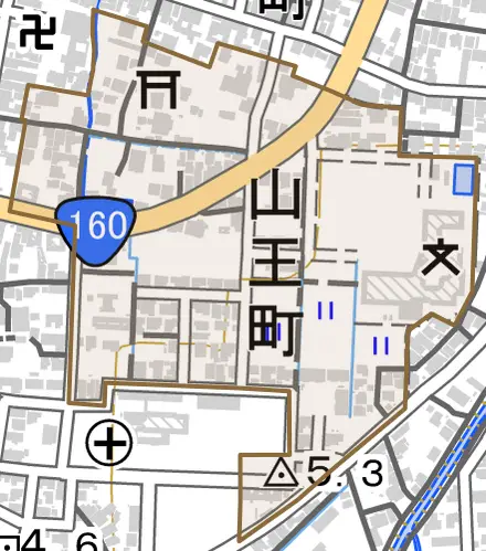 山王町とその周辺の地図。町の範囲を重ねている
