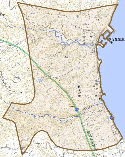 佐々波町とその周辺の地図。町の範囲を重ねている
