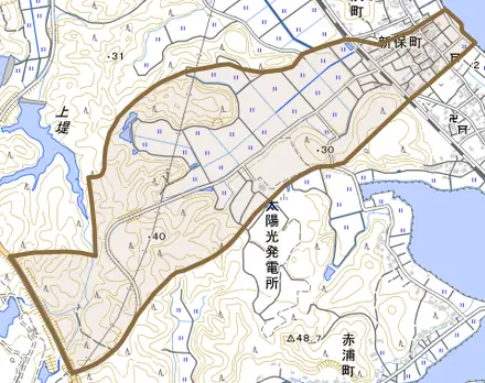 新保町とその周辺の地図。町の範囲を重ねている