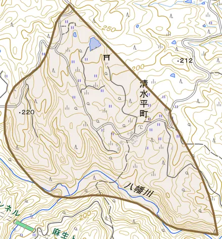 清水平町とその周辺の地図。町の範囲を重ねている