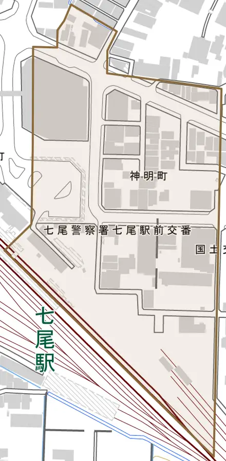 神明町とその周辺の地図。町の範囲を重ねている