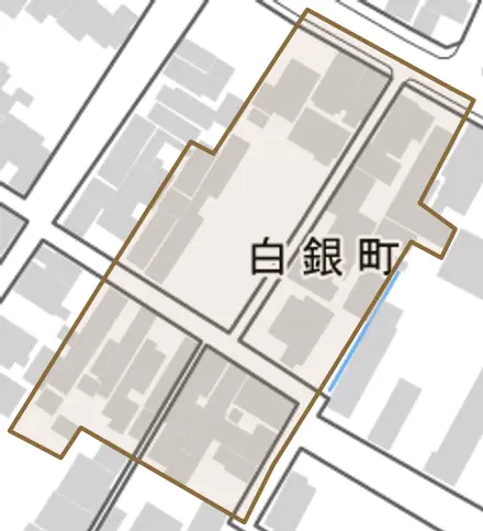 白銀町とその周辺の地図。町の範囲を重ねている