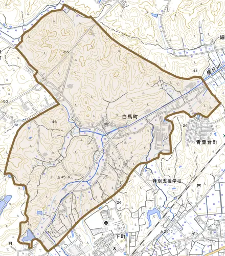 白馬町とその周辺の地図。町の範囲を重ねている