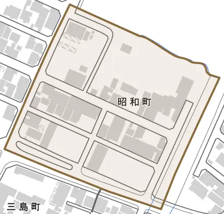 昭和町とその周辺の地図。町の範囲を重ねている