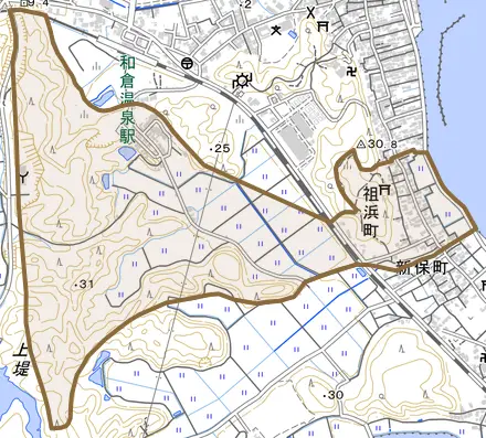祖浜町とその周辺の地図。町の範囲を重ねている