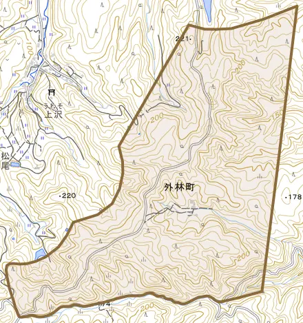 外林町とその周辺の地図。町の範囲を重ねている