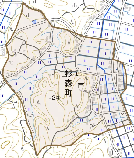 杉森町とその周辺の地図。町の範囲を重ねている